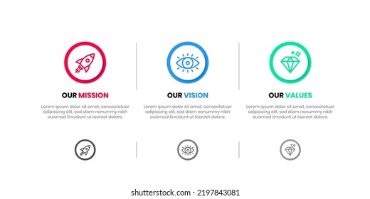 Mission Vision Values infographic Banner template. Company goal infographic design with  Modern flat icon design. vector illustration infographic icon design banner.