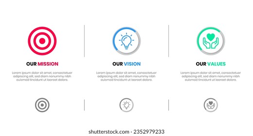 Mission Vision Values infographic Banner template. Company goal infographic design with  Modern flat icon design. vector illustration infographic icon design banner.