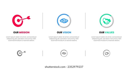 Mission Vision Values infographic Banner template. Company goal infographic design with  Modern flat icon design. vector illustration infographic icon design banner.