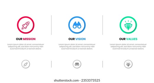 Mission Vision Values infographic Banner template. Company goal infographic design with  Modern flat icon design. vector illustration infographic icon design banner.