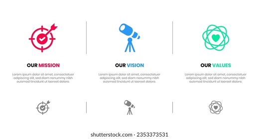 Mission Vision Values infographic Banner template. Company goal infographic design with  Modern flat icon design. vector illustration infographic icon design banner.