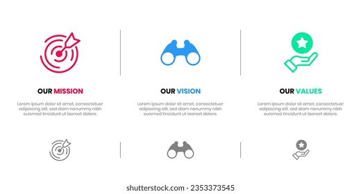 Mission Vision Values Infografik Banner Vorlage. Firmenziel Infografik Design mit modernem flachen Icon Design. Vektorgrafik-Symbol-Design-Banner.