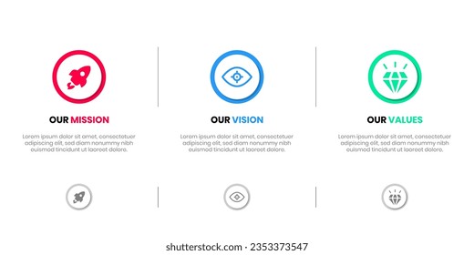 Mission Vision Values infographic Banner template. Company goal infographic design with  Modern flat icon design. vector illustration infographic icon design banner.