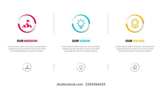 Mission Vision Values infographic Banner template. Company goal infographic design with  Modern flat icon design. vector illustration infographic icon design banner.