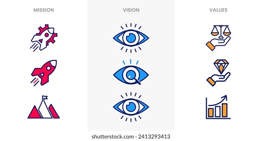 Mission vision values infographic banner icon set company goal infographic design vector. Infographic icon design banner