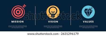 Mission Vision Values infographic Banner template. Company goal infographic design with Modern flat icon design.