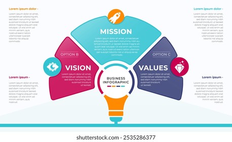 Mission Vision and Values infographic template. Company grows infographic design with modern icons.