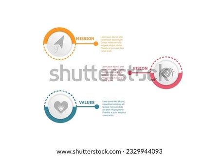 Mission, Vision and Values infographic template and icon. Purpose business strategy concept. Mission symbol illustration. Abstract eye. Business vision, for workflow layout, diagram, banner 