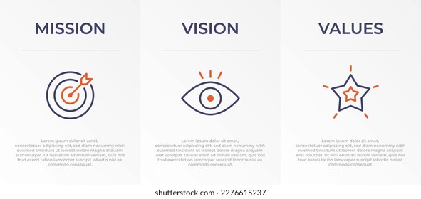 Mission, Vision and Values Infographic Vector template banner design. 3 steps infographic banner of company with Abstract icon and Modern flat design. Business vision presentation banner.
