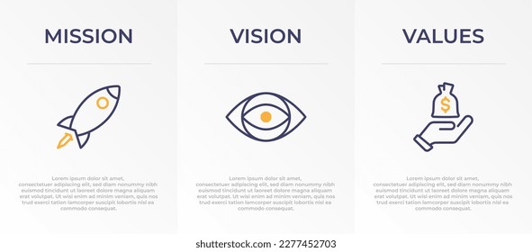 Mission, Vision and Values Infographic Vector template banner design. 3 steps infographic banner of company with Abstract icon and Modern flat design. Business vision presentation banner.