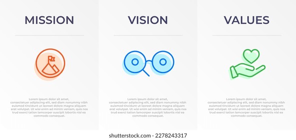 Mission, Vision and Values Infographic Vector template banner design. 3 steps infographic banner of company with Abstract icon and Modern flat design. Business vision presentation banner.