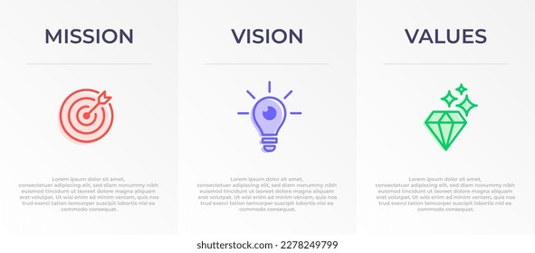 Mission, Vision and Values Infographic Vector template banner design. 3 steps infographic banner of company with Abstract icon and Modern flat design. Business vision presentation banner.