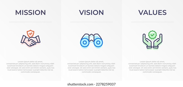 Mission, Vision, and Values Infographic Vector template banner design. 3 steps infographic banner of the company with Abstract icons and Modern flat design. Business vision presentation banner.