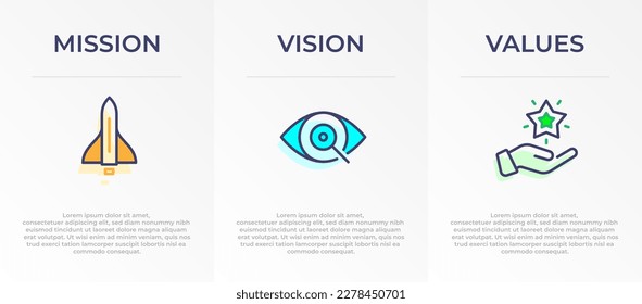 Mission, Vision and Values Infographic Vector template banner design. 3 steps infographic banner of company with Abstract icon and Modern flat design. Business vision presentation banner.