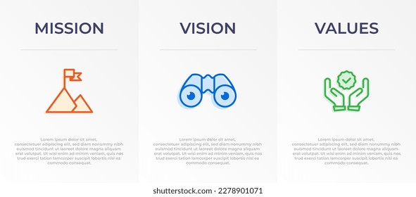 Mission, Vision and Values Infographic Vector template banner design. 3 steps infographic banner of company with Abstract icon and Modern flat design. Business vision presentation banner.