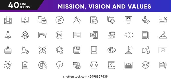 Mission, vision, and values line icon set. Power, Quality, Reliability, Respect, Responsibility, Safety, Simplicity, Stability, Success, Teamwork outline icon collection. UI thin line icon pack.