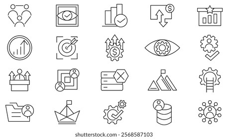 Mission, Vision, and Values line icon set. Vision, social responsibility, commitment, personal growth, innovation, family, customer satisfaction, quality line icon set. UI thin line icon pack. 