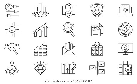 Mission, Vision, and Values line icon set. Vision, social responsibility, commitment, personal growth, innovation, family, customer satisfaction, quality line icon set. UI thin line icon pack. 