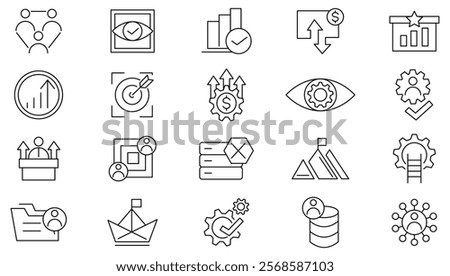 Mission, Vision, and Values line icon set. Vision, social responsibility, commitment, personal growth, innovation, family, customer satisfaction, quality line icon set. UI thin line icon pack. 