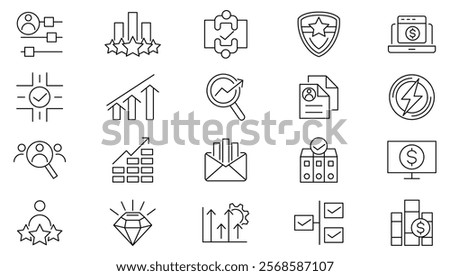 Mission, Vision, and Values line icon set. Vision, social responsibility, commitment, personal growth, innovation, family, customer satisfaction, quality line icon set. UI thin line icon pack. 