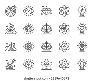 Mission, Vision, Values line icons. Business strategy, target goal and diamond set. Flag on mountain, electric power and scales with diamonds icons. Leadership mission values, strategy vision. Vector