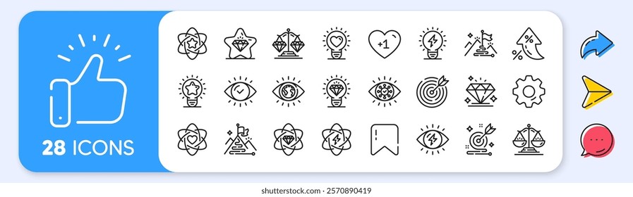 Mission, Vision, Values line icons. Interest rate, AI generate, Inflation icons. Business strategy, target goal and diamond set. Flag on mountain, electric power and scales with diamonds icons. Vector