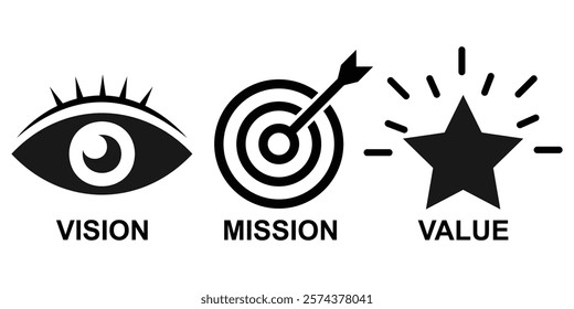 Mission Vision Values set. Business, Organization, web page mission strategy symbol. Vector illustrator banner template. 