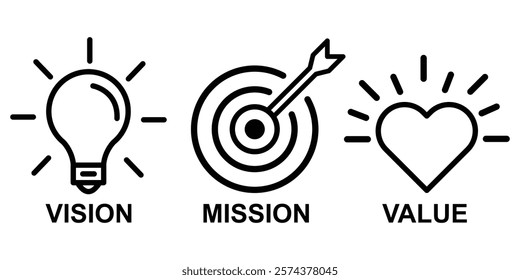 Mission Vision Values set. Business, Organization, web page mission strategy symbol. Vector illustrator banner template. 