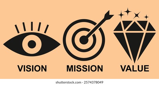 Mission Vision Values set. Business, Organization, web page mission strategy symbol. Vector illustrator banner template. 