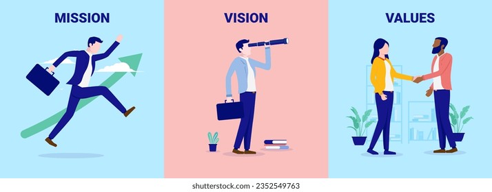 Mission vision values - Set of vector illustrations with businesspeople metaphors for business core values. Flat design graphics