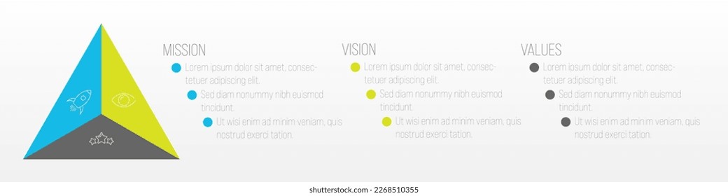 Mission, vision and values. Triangle divided to three parts in the compact infographic element. Vector illustration.