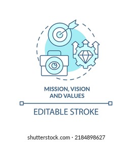 Mission, vision and values turquoise concept icon. Affecting workplace culture abstract idea thin line illustration. Isolated outline drawing. Editable stroke. Arial, Myriad Pro-Bold fonts used