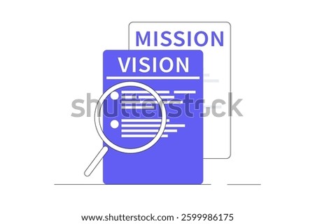 Сompany mission and vision. Mission vision and values. Two business strategy with magnifing glass. Flat Cartoon Vector Illustration, icon. Stylish abstract design for website