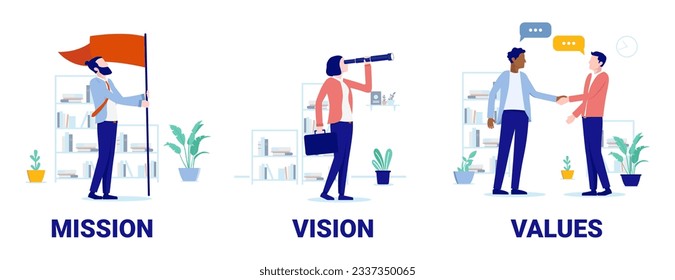 Mission vision and values vector illustration - business concept graphics of people in office representing core values in corporate company. Flat design with white background