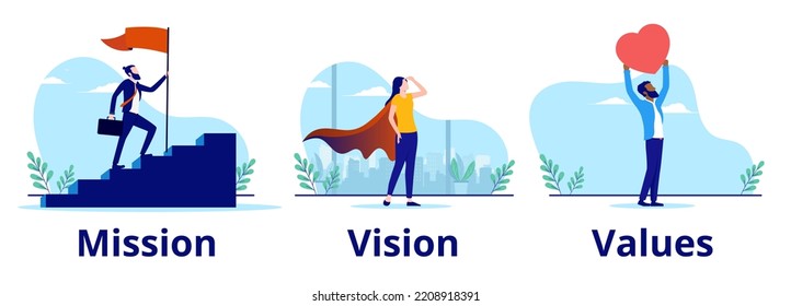 Mission vision and values vector set - Three business strategy illustrations of businesspeople, running up stairs, scouting and holding heart. Flat design vector illustration with white background