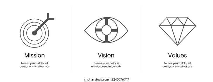 Mission, Vision. Values, Web page template, Modern flat design concept.