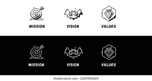 Mission. Vision. Values. Web page template. Modern flat line icon design concept.