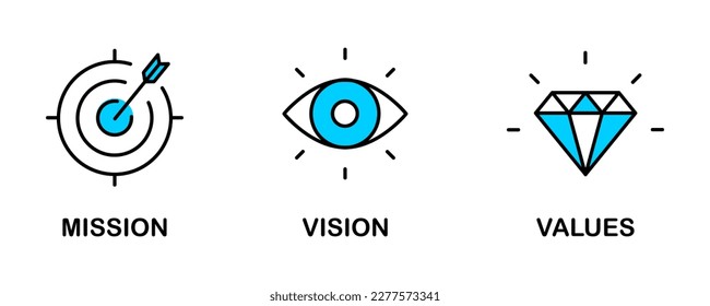 Mission. Vision. Values. Web page template. Modern flat design concept. Purpose business concept. Mission symbol illustration. Success and growth concepts. Business vision presentation