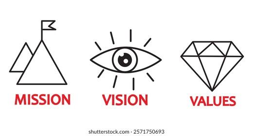 Mission. Vision. Values. Web page template. Modern flat design concept. Purpose business concept. Mission symbol illustration. Success and growth concepts. Business vision presentation