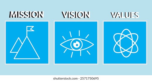 Mission. Vision. Values. Web page template. Modern flat design concept. Purpose business concept. Mission symbol illustration. Success and growth concepts. Business vision presentation