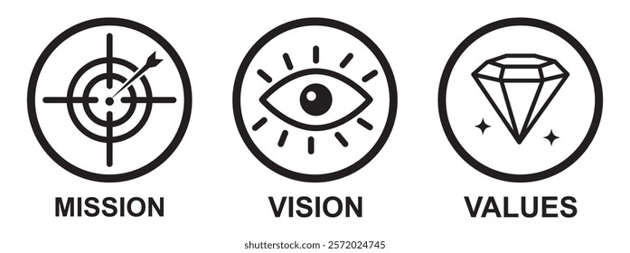  Mission. Vision. Values. Web page template. Modern flat design concept. Purpose business concept. Mission symbol illustration. Success and growth concepts. Business vision presentation