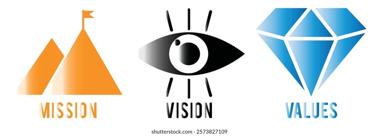 Mission. Vision. Values. Web page template. Modern flat design concept. Simple outline style. Thin line vector illustration. Mission Vision and Values Icon Set with mission statement, vision icon. 