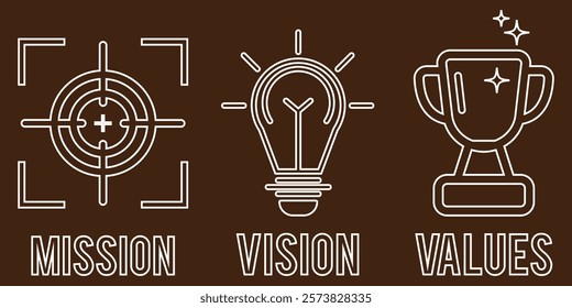 Mission. Vision. Values. Web page template. Modern flat design concept. Simple outline style. Thin line vector. Mission Vision Values of company icon set, Success symbol. Design eps 10