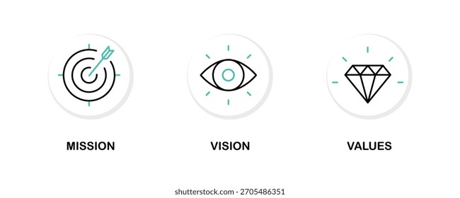 Mission. Vision. Values. Web page template. Modern flat design concept. Purpose business concept. Mission symbol illustration. Success and growth concepts. Business vision presentation