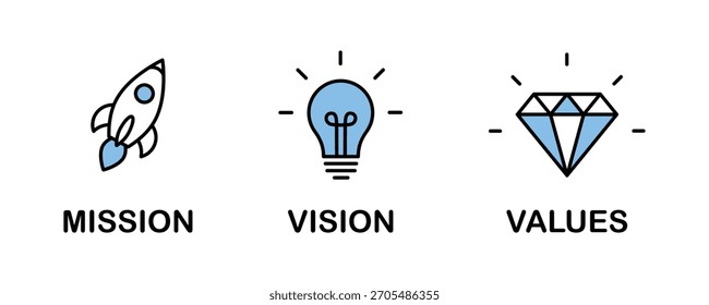 Mission. Vision. Values. Web page template. Modern flat design concept. Purpose business concept. Mission symbol illustration. Success and growth concepts. Business vision presentation
