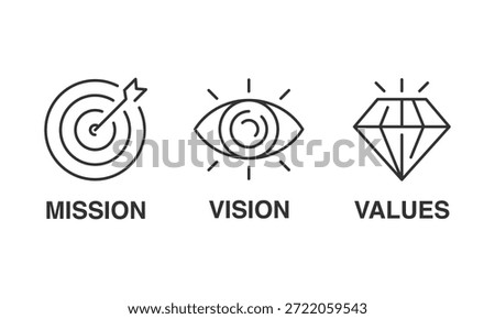 Mission. Vision. Values. Web page template. Modern flat design concept. Simple outline style. Thin line vector illustration isolated on white background. Editable stroke EPS 10