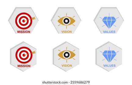 mission vison values icon set in hexagonal shape. vector illustration isolated on white background.