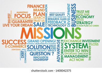 Missions in word cloud and white background