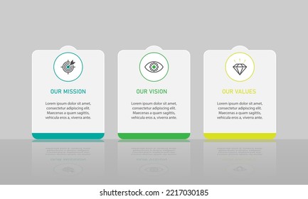 Mission,vision and values infographic design template with 3 step.