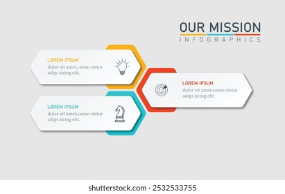 missão, visão e valores modelo de design infográfico com 3 etapas.	